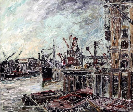 George Hann (20th C.) On the Thames by Tower Bridge from Katherine Docks 24.5 x 30in.